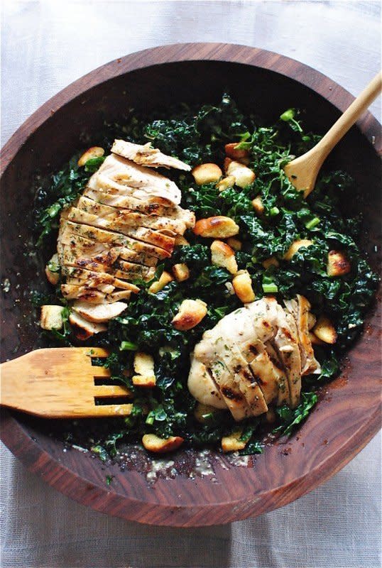 <strong>Get the <a href="http://bevcooks.com/2015/02/kale-caesar-salad-with-grilled-chicken/" target="_blank">Grilled Chicken Kale Caesar Salad recipe</a> from Bev Cooks</strong>