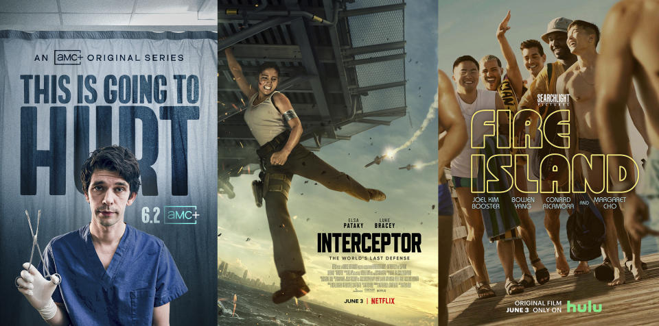 En esta combinación de fotografías el arte promocional de, de izquierda a derecha, "This is Going to Hurt", una serie que se estrena el 2 de junio en AMC+, "Interceptor" una película que se estrena el 3 de junio en Netflix y "Fire Island", una película que se estrena el 3 de junio en Hulu. (AMC+/Netflix/Hulu via AP)