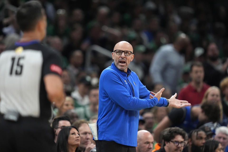 Dallas Mavericks coach Jason Kidd argues a call during the first half of Game 1 of the basketball team's NBA Finals against the Boston Celtics, Thursday, June 6, 2024, in Boston. (AP Photo/Charles Krupa)