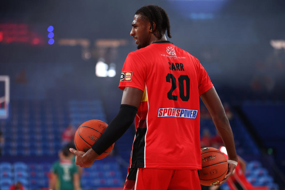 PERTH, AUSTRALIA - MARCH 13: Alex Sarr of the Wildcats looks on while warming up before game three of the NBL semifinal series between Perth Wildcats and Tasmania Jackjumpers at RAC Arena, on March 13, 2024, in Perth, Australia. (Photo by Paul Kane/Getty Images)