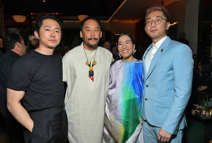 From left: Steven Yeun, David Choe, Ali Wong, and Lee Sung Jin attend the premiere afterparty for Netflix's Beef on March 30, 2023, in Los Angeles.