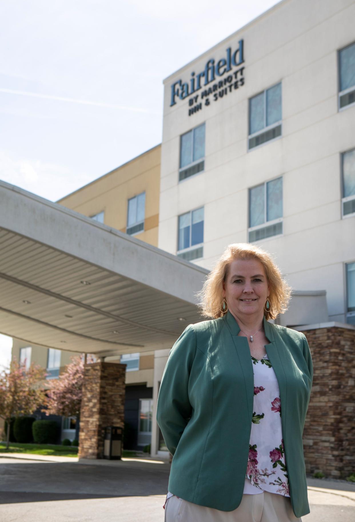 Jennifer Sigman, Director of Operations 
C.P. Management Co., and stands in front of the Fairfield Inn on Apr. 15, 2024, in Chillicothe, Ohio.