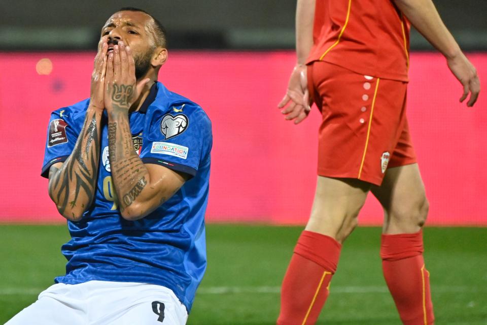 Italy's forward Joao Pedro reacts at the end of the 2022 World Cup qualifying play-off football match between Italy and North Macedonia, on March 24, 2022 at the Renzo-Barbera stadium in Palermo. (Photo by Alberto PIZZOLI / AFP) (Photo by ALBERTO PIZZOLI/AFP via Getty Images)