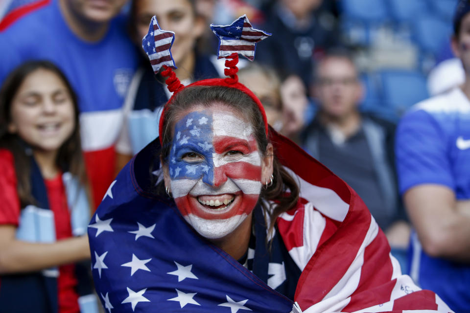 A fan of team USA enjoys the atmosphere during the 2019 FIFA Women's World Cup France group F match between Sweden and USA at Stade Oceane on June 20, 2019 in Le Havre, France. (Photo by Catherine Steenkeste/Getty Images)