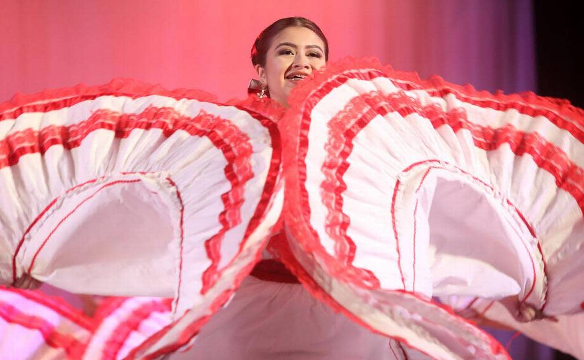 Crystal García performs ‘El Alegre’ from Zacatecas at the Central East Danzantes de Tláloc 25th anniversary show at the Performing Arts Center on May 26, 2023.