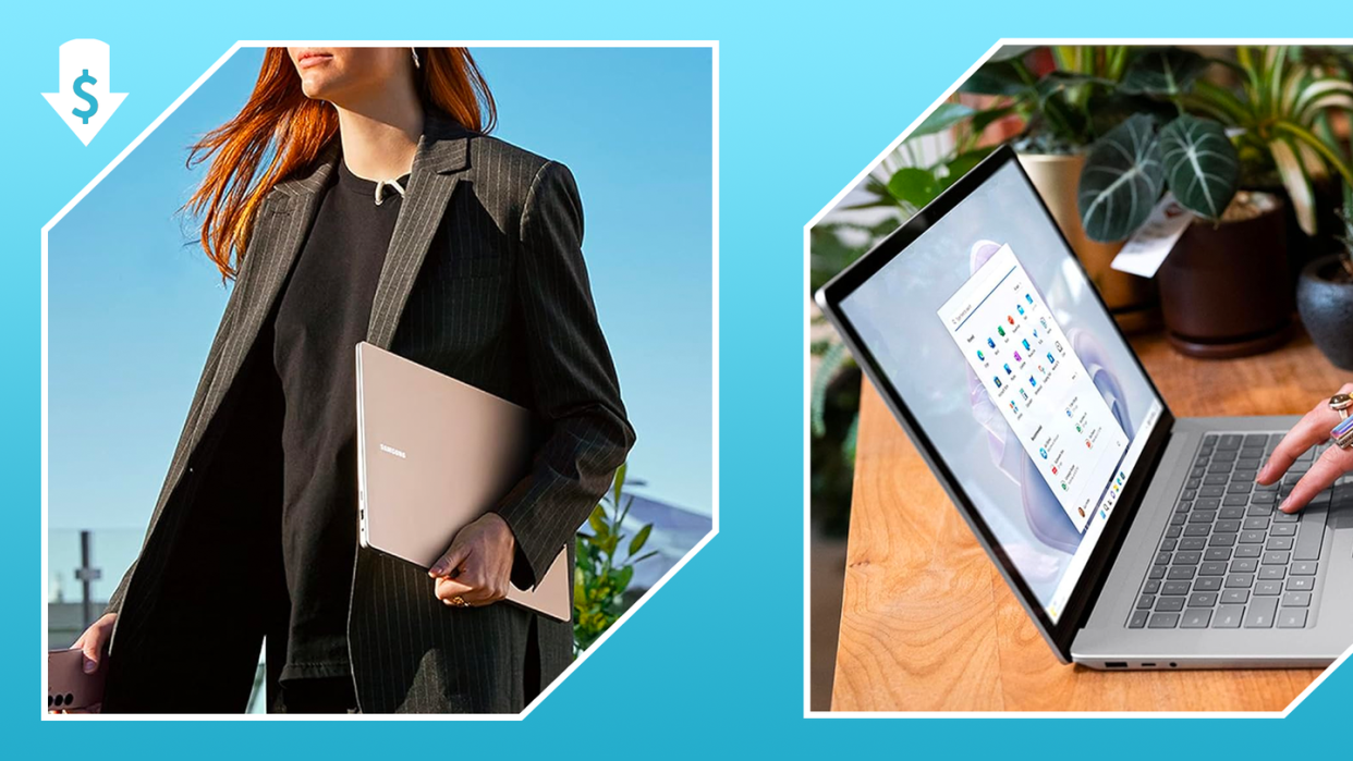 woman carrying a laptop under her arm, a person using a laptop on a table filled with plants