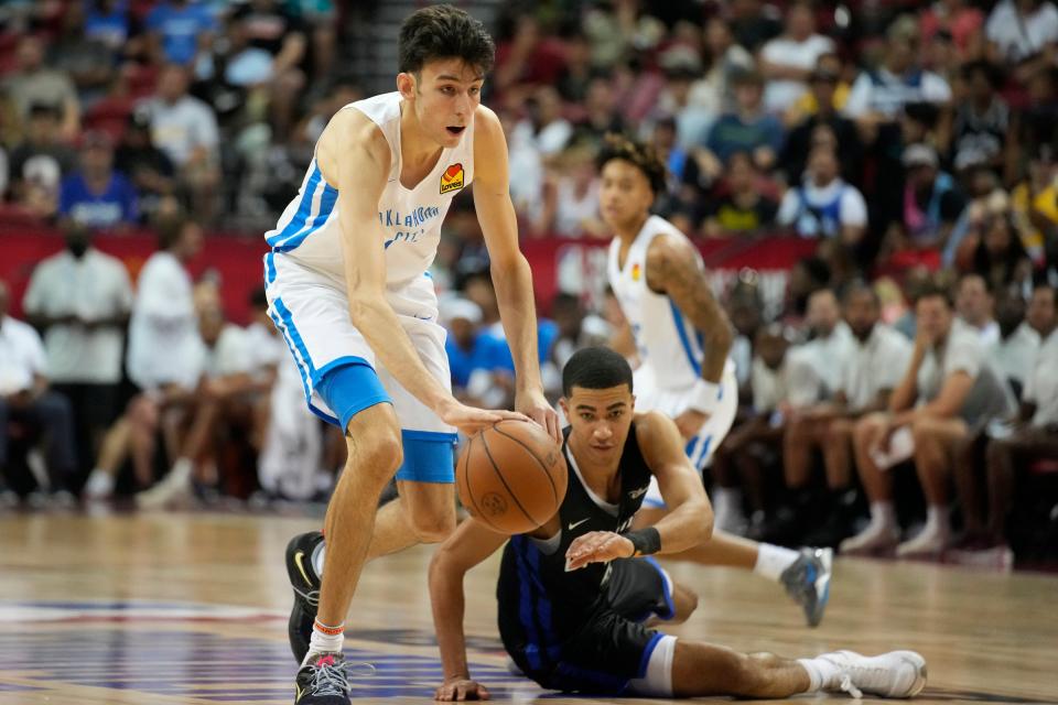 Oklahoma City Thunder rookie Chet Holmgren drives up the court against the Orlando Magic on Monday night in Las Vegas. OKC beat the Magic 84-81.