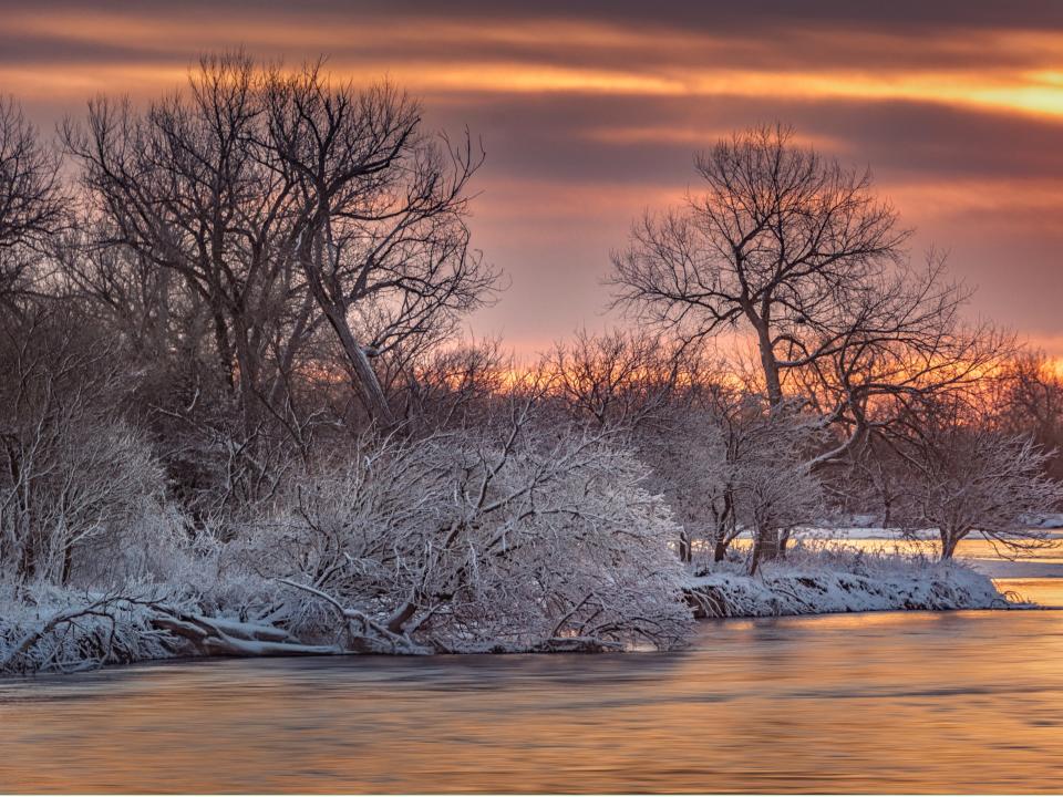 Sunrise over the Platte River after a snowstorm in Nebraska.