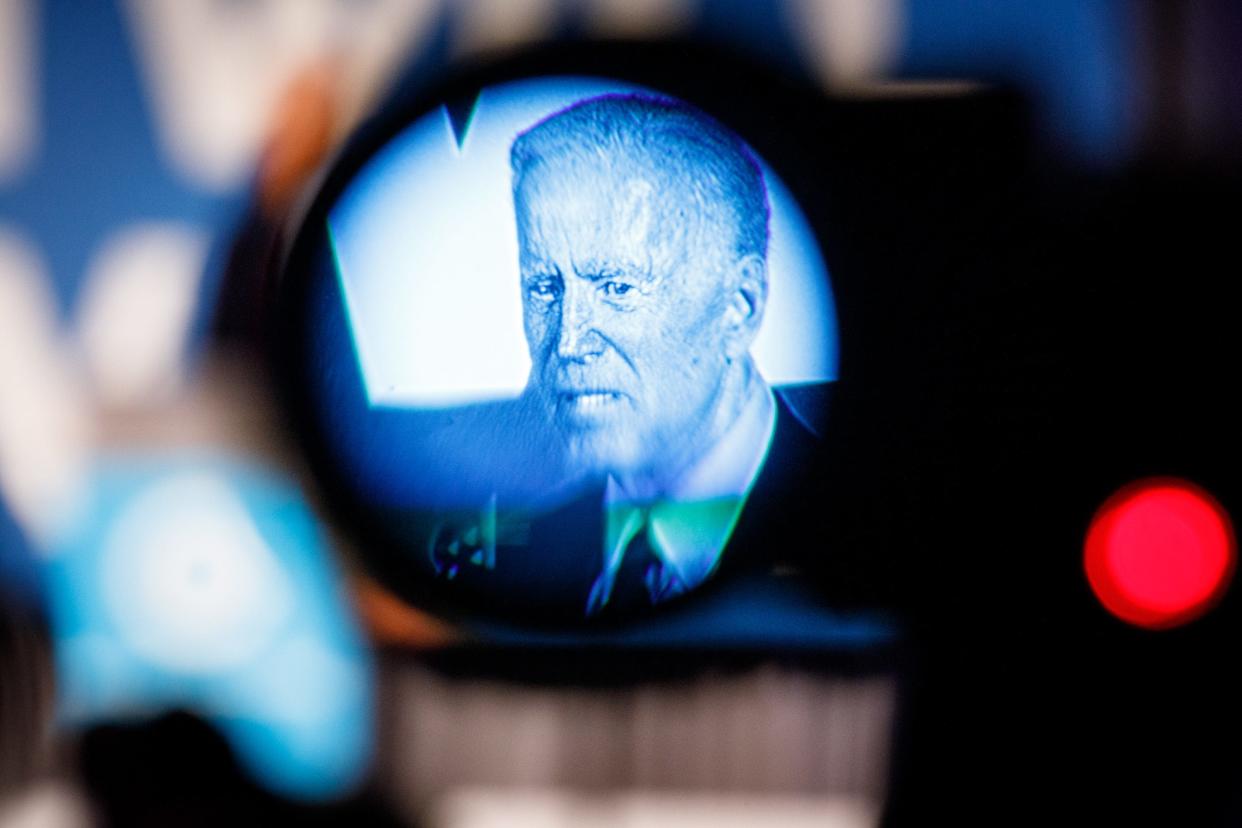 Joe Biden as seen through the eyepiece of a video camera
