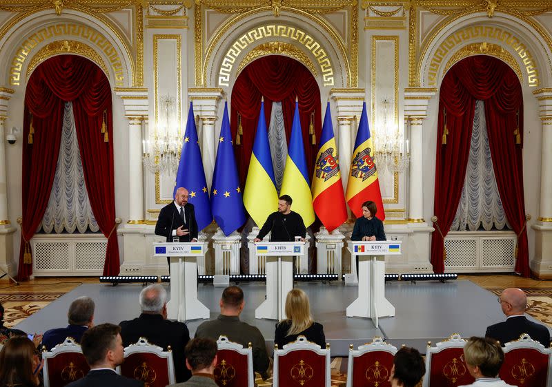 Ukraine's President Zelenskiy, Moldova's President Sandu and President of the European Council Michel attend a joint press conference in Kyiv