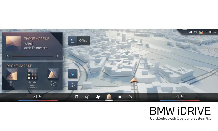 Screenshot of BMW&#39;s updated Operating System 8.5 infotainment home screen. On the left, it includes phone controls with navigation at the right and a taskbar (with shortcuts) at the bottom.