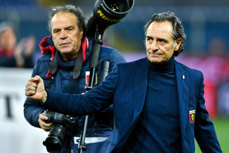 Genoa's coach Cesare Prandelli makes a fist ahead of a Serie A soccer match between Genoa and Spal at the Luigi Ferraris Stadium in Genoa, Italy, Sunday, Dec. 9, 2018. (Simone Arveda/ANSA via AP)