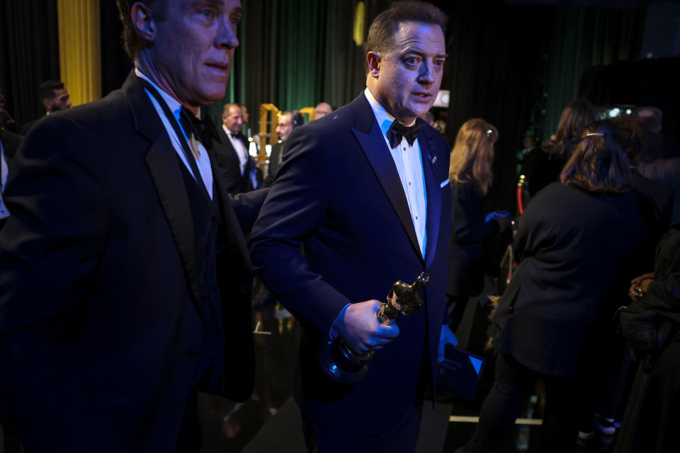 HOLLYWOOD, CA - MARCH 12: Brendan Fraser, winner of the Best Actor in a Leading Role award for The Whale, backstage at the 95th Academy Awards at the Dolby Theatre on March 12, 2023 in Hollywood, California. (Robert Gauthier / Los Angeles Times via Getty Images)