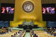 In this photo provided by the United Nations, Benjamin Netanyahu, Prime Minister of Israel, speaks in a pre-recorded message which was played during the 75th session of the United Nations General Assembly, Tuesday, Sept. 29, 2020, at U.N. headquarters in New York. (Rick Bajornas/UN Photo via AP)