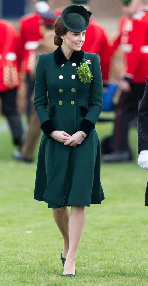 UK Press Pool/Getty ImagesCatherine, Duchess of Cambridge, attends the annual Irish Guards St Patrick's Day Parade at Household Cavalry Barracks in London on March 17, 2017.