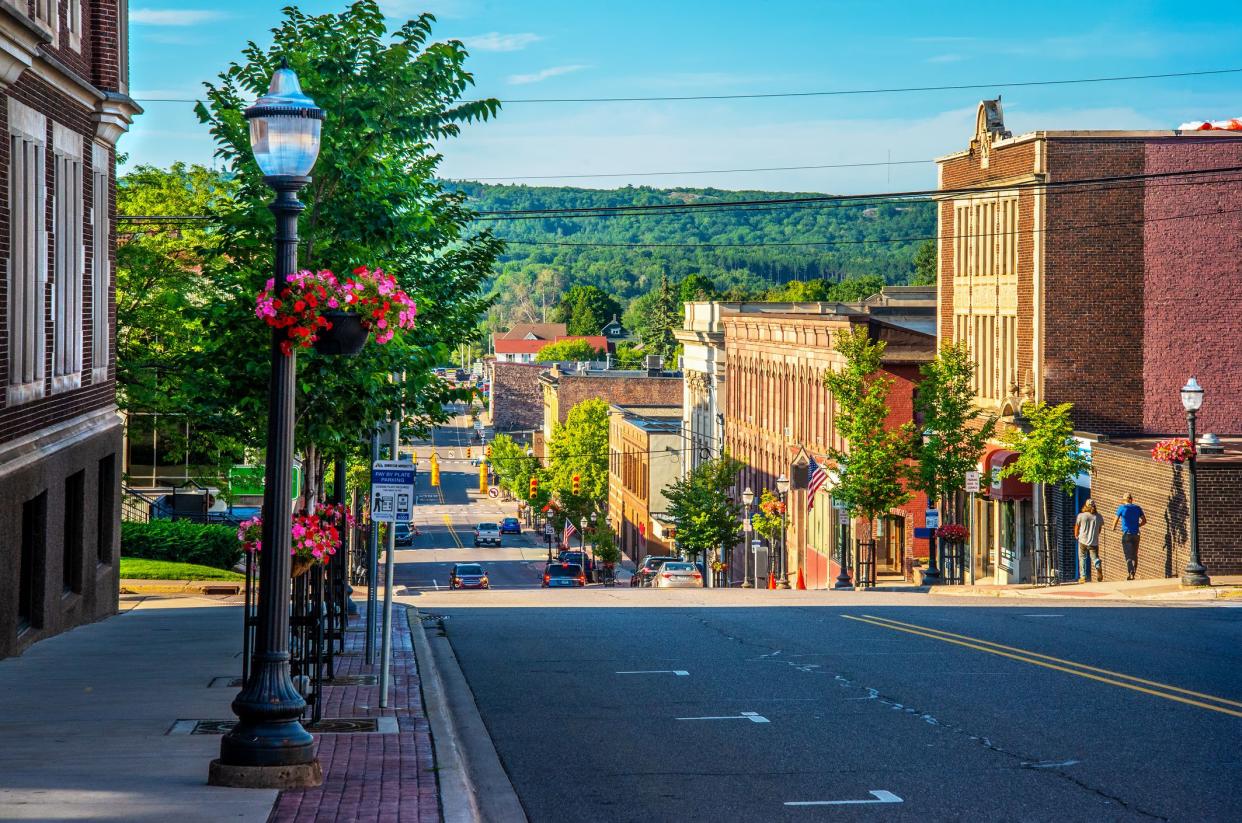 Business district Marquette Michigan on hill side main street