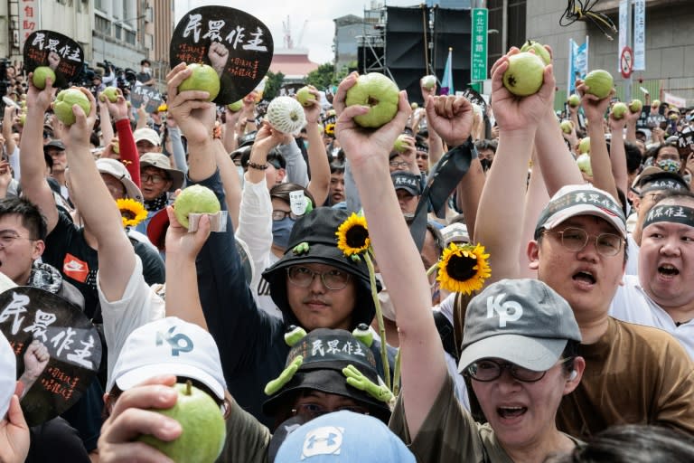 People hold up guavas as they take part in a protest ahead of the inauguration ceremony of Taiwan's president-elect Lai Ching-te (Yasuyoshi CHIBA)