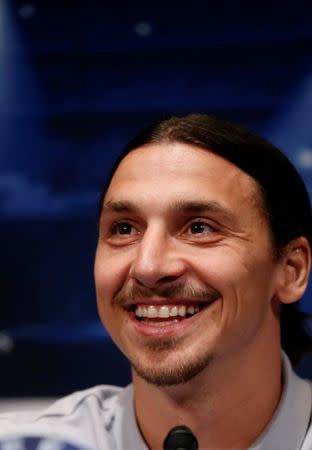 Paris St Germain's Zlatan Ibrahimovic addresses at a news conference at the Parc des Princes stadium in Paris, April 1, 2014. REUTERS/Gonzalo Fuentes/File Photo