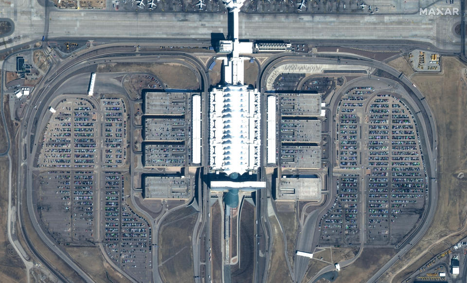 Aerial photo of Denver International Airport.