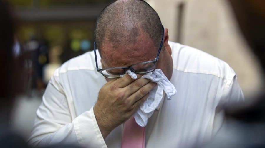 <em>Paul Jamrowski, father of Jordan Anchondo and father in-law of Andre Anchondo, who both died in the El Paso Walmart mass shooting, breaks down in tears while speaking to the media outside the federal court in El Paso, Texas, Wednesday, July 5, 2023. Patrick Crusius, who is accused of killing nearly two dozen people in a racist attack at an El Paso Walmart in August 2019, received 90 life sentences after pleading guilty to federal hate crimes and weapons charges in one of the deadliest mass shootings in U.S. history. (AP Photo/Andrés Leighton)</em>