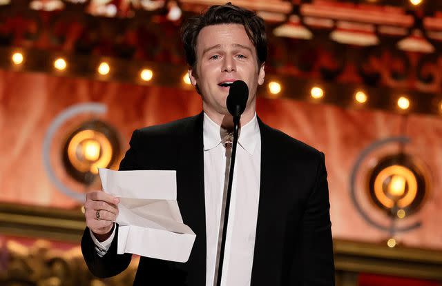 <p>Theo Wargo/Getty</p> Jonathan Groff wins best performance by a leading actor in a musical at the 77th Tony Awards in New York City on June 16, 2024