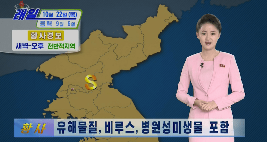 A still of a weather report on North Korea's state-run TV suggesting the 'yellow dust' may carry viruses.