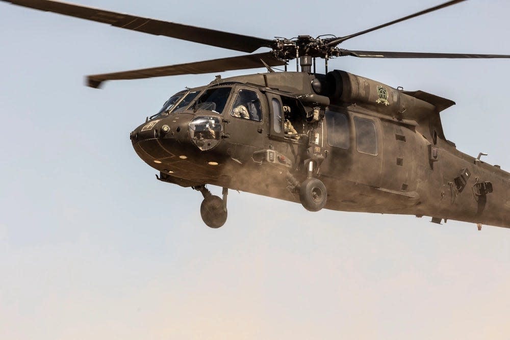 Paratroopers assigned to the 82nd Combat Aviation Brigade, 82nd Airborne Division, conduct a UH-60 Black Hawk aerial gunnery range at Camp Buehring, Kuwait, on April 2, 2024.