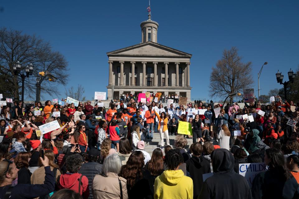 Protesters demonstrate during a Rally of Parents and Kids to End Gun Violence  outside the State Capitol Thursday, March 30, 2023 in Nashville, Tenn. 