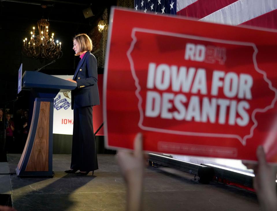 Iowa Gov. Kim Reynolds speaks during a rally with presidential candidate Florida Gov. Ron DeSantis, Monday, Nov. 6, 2023, in Des Moines, Iowa. (AP Photo/Bryon Houlgrave)
