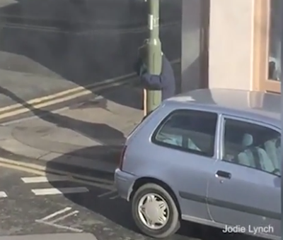 Joanie was seen clutching for life to a lamp post during Storm Doris as it lashed parts of London. Photo: Jodie Lynch