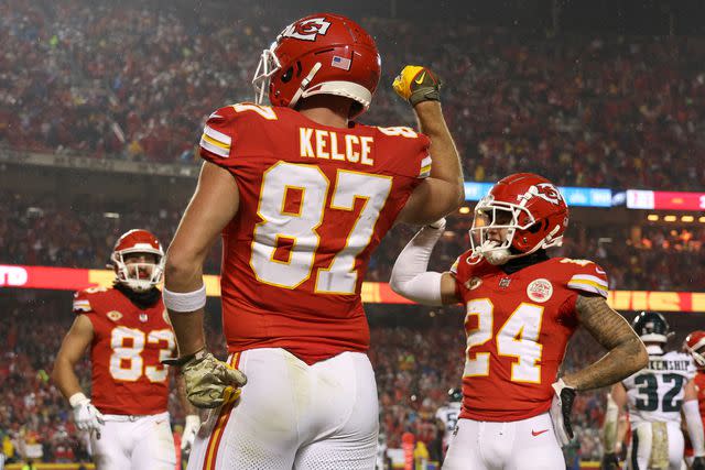 <p>Jamie Squire/Getty</p> Travis Kelce celebrating his touchdown during Chiefs-Eagles rematch.