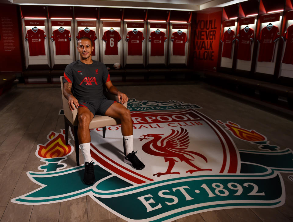 LIVERPOOL, ENGLAND - SEPTEMBER 18: (THE SUN OUT, THE SUN ON SUNDAY OUT) Thiago Alcantara new signing of Liverpool at Anfield on September 18, 2020 in Liverpool, England. (Photo by Andrew Powell/Liverpool FC via Getty Images)