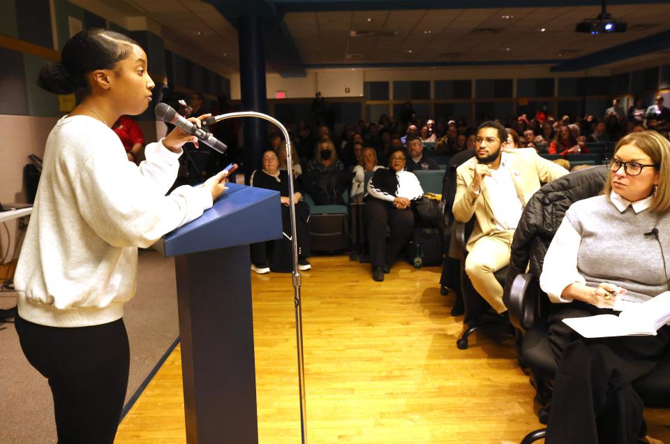 Brockton High School senior Shamara Tavares speaks at a special Brockton School Committee meeting at the Arnone School on Wednesday, Jan. 31, 2024, about safety and security.