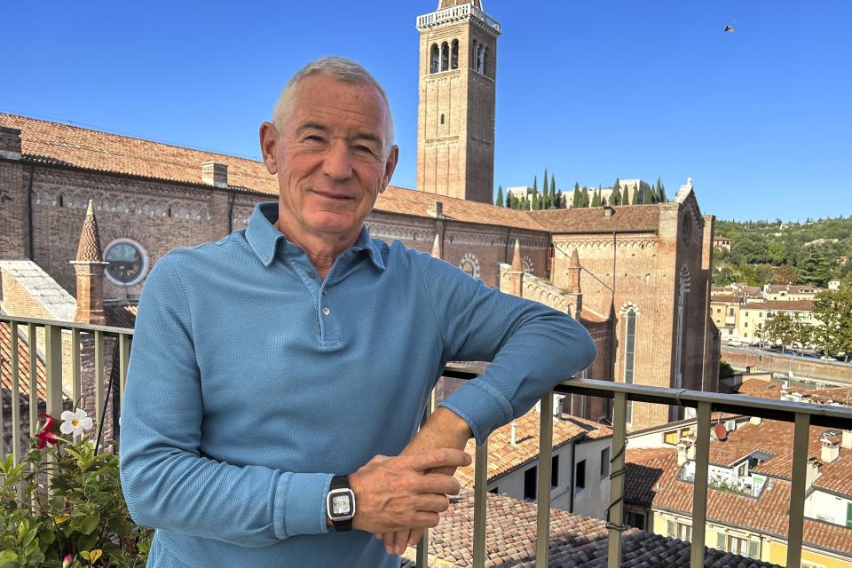 Igor Makarov poses for a photo during his interview with the Associated Press in Verona, Italy, Monday, Sept. 25, 2023. Most of his fortune earned doing business in Russia and the former Soviet Union is frozen, and his plans to develop his energy businesses are currently shelved. Western officials say sanctions against Russia's billionaires are meant to isolate President Vladimir Putin, choke off support for his war and turn powerful business allies against him. But in the 20 months since the invasion, only a handful of sanctioned businessmen have spoken out against him. (AP Photo/Emma Burrows)