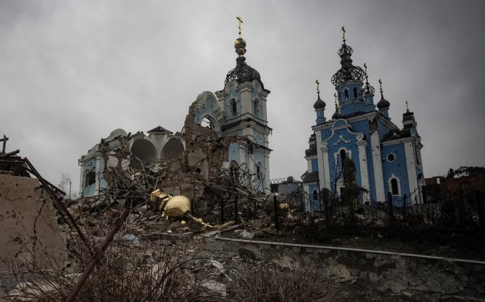 A destroyed Orthodox church is seen, amid Russia's attack on Ukraine, in the village of Bohorodychne in Donetsk region - REUTERS/Yevhen Titov