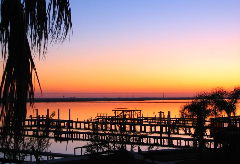 silhouette of fishing piers and tree at sunset