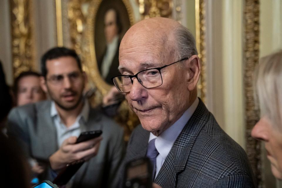 Republican Senator Pat Roberts of Kansas, chairman of the Senate Agriculture Committee, speaks briefly to reporters after he opened and closed a brief session of the U.S. Senate amid the partial government shutdown, at the Capitol in Washington, Thursday, Dec. 27, 2018. (AP Photo/J. Scott Applewhite) ORG XMIT: DCSA116