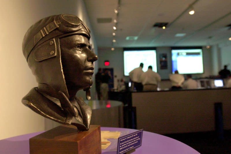 A bust of famed aviator Charles Lindbergh sits at the St. Louis Science Center. The aviator died on August 26, 1974, at the age of 72. He died of complications of lymphoma near his home in Kipahulu on the island of Maui in Hawaii. File Photo by Bill Greenblatt/UPI