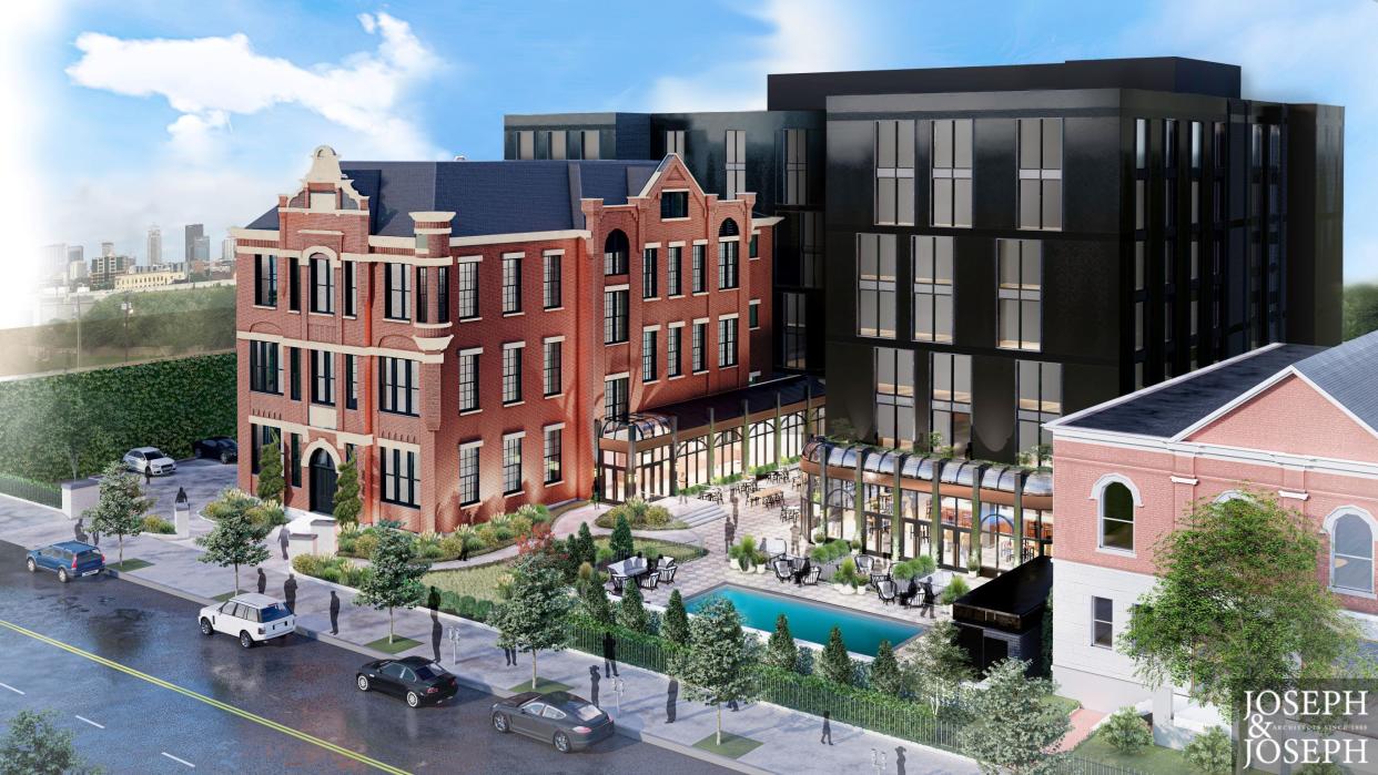 Chicago-based Aparium Hotel Group plans to renovate the historic schoolhouse building, most recently home to Joe Ley Antiques, and also build a seven-story structure as part of a mixed-use development.