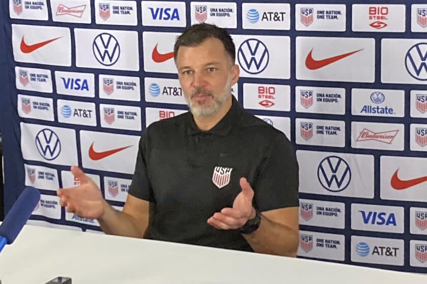 U.S. men's national team assistant coach Anthony Hudson speaks with reporters.