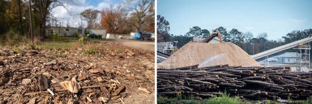 Left: Wood chips from the Drax Biomass production facility litter the roadside in Gloster, Mississippi. Right: Drax Biomass, a multinational woodchip production company operates a facility in Gloster that produces woodchips for the British heating market. (Photo: Timothy Ivy for HuffPost)