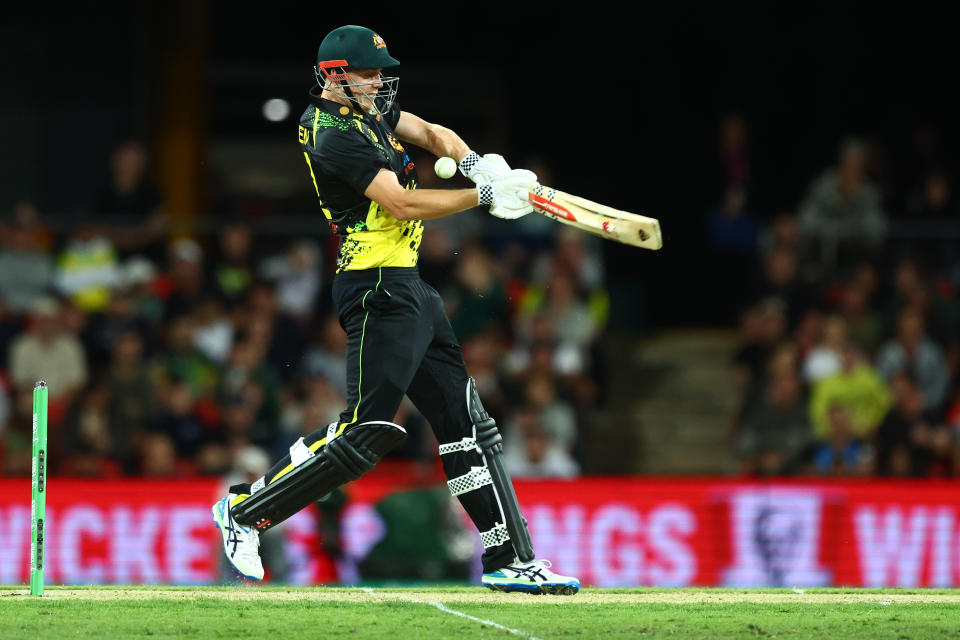 Seen here, Cameron Green bats for Australia during a T20 international match against the West Indies.