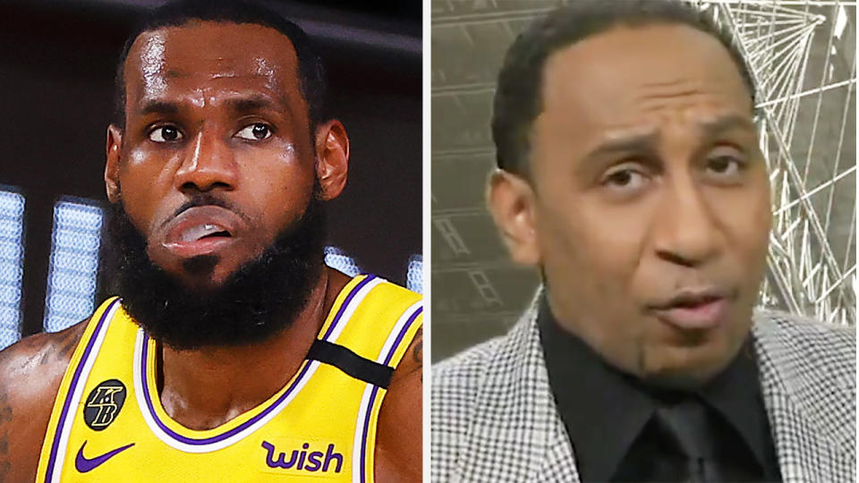 A 50-50 split image shows LeBron James on the left and Stephen A Smith on the right.