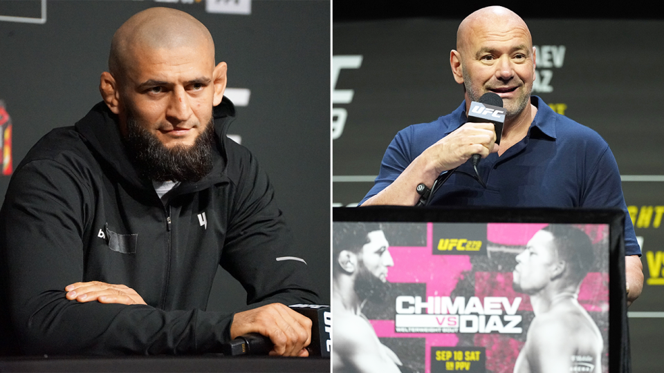 UFC boss Dana White (pictured) cancelled the press conference after an altercation reportedly involving Khamzat Chimaev (pictured left) and other fighters. (Getty Images) 