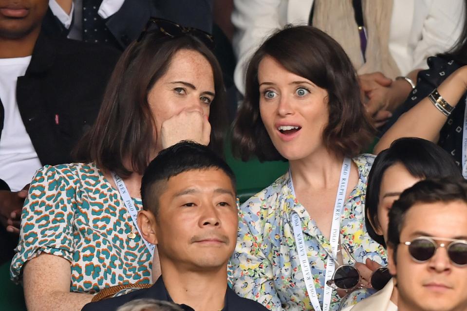 LONDON, ENGLAND - JULY 14: Claire Foy on Centre Court on Men's Finals Day of the Wimbledon Tennis Championships at All England Lawn Tennis and Croquet Club on July 14, 2019 in London, England. (Photo by Karwai Tang/Getty Images) (Photo by Karwai Tang/Getty Images)