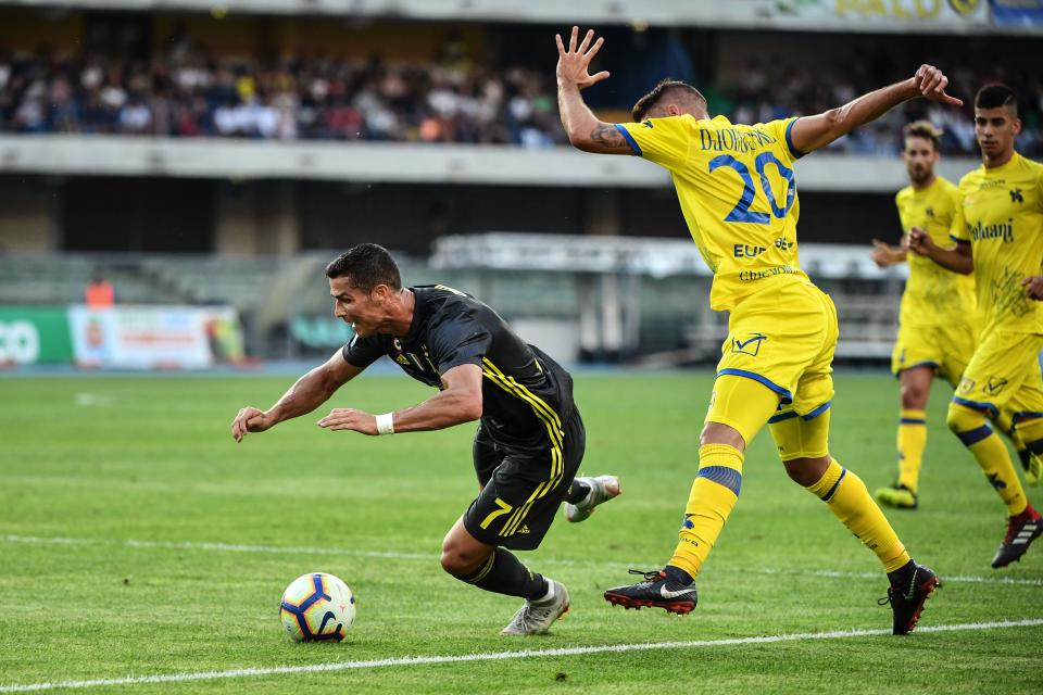 Cristiano Ronaldo wins a free kick on the edge of the penalty box in his Serie A debut for Juventus. (Getty)