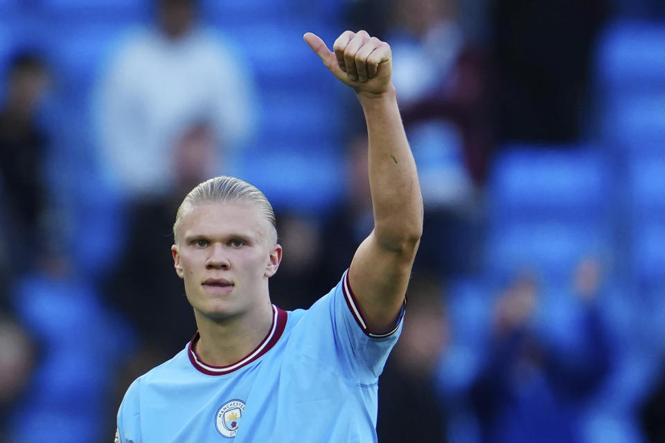 Erling Haaland del Manchester City celebra tras la victoria 4-0 ante Southampton en la Liga Premier, el sábado 8 de octubre de 2022. (AP Foto/Jon Super)