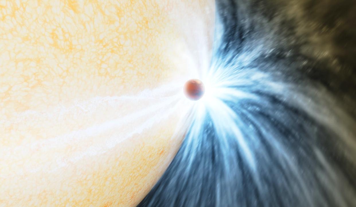 New research shows that the destructive merging of a star and a planet expels huge amounts of gas, as shown in this artist's impression. <a href="https://www.nature.com/articles/d41586-023-01385-3" rel="nofollow noopener" target="_blank" data-ylk="slk:K. Miller/R. Hurt (Caltech/IPAC);elm:context_link;itc:0;sec:content-canvas" class="link ">K. Miller/R. Hurt (Caltech/IPAC)</a>, <a href="http://creativecommons.org/licenses/by-nd/4.0/" rel="nofollow noopener" target="_blank" data-ylk="slk:CC BY-ND;elm:context_link;itc:0;sec:content-canvas" class="link ">CC BY-ND</a>