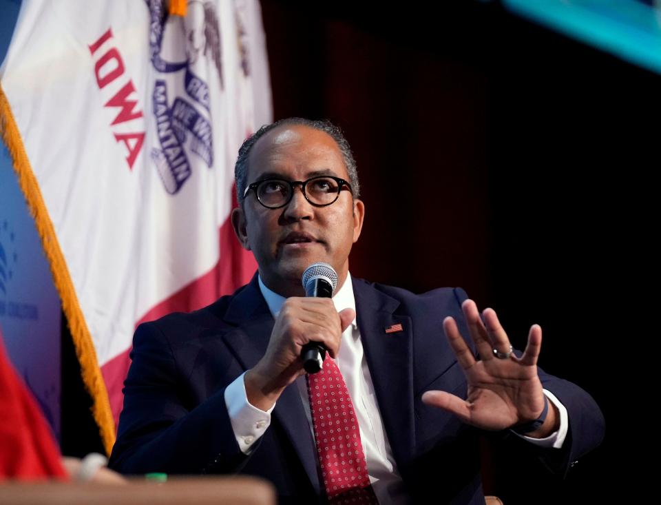 Republican presidential candidate and former U.S. Rep. Will Hurd speaks at the Iowa Faith & Freedom Coalition's fall banquet, Saturday, Sept. 16, 2023, in Des Moines, Iowa. He dropped out of the race in early October and endorsed Nikki Haley.