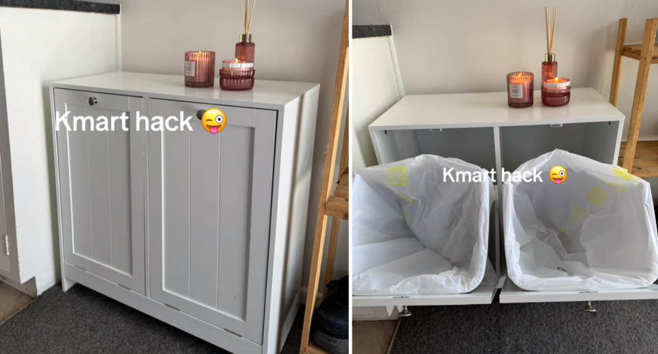 Kmart cupboard (left) opens to reveal bins inside (right).